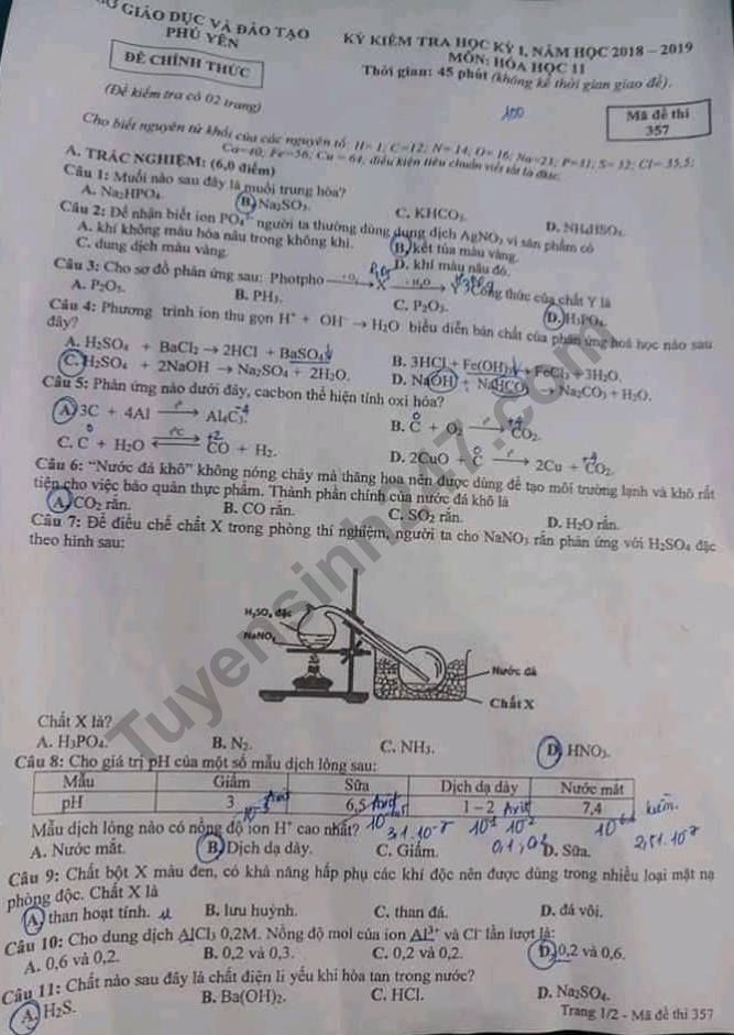 Đề thi kì 1 lớp 11 môn Hóa - Sở GD Phú Yên 2018
