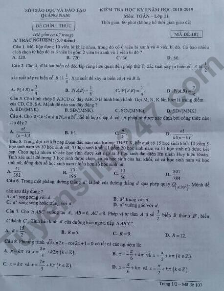 Đề thi kì 1 môn Toán lớp 11 năm 2018 - Sở GD Quảng Nam