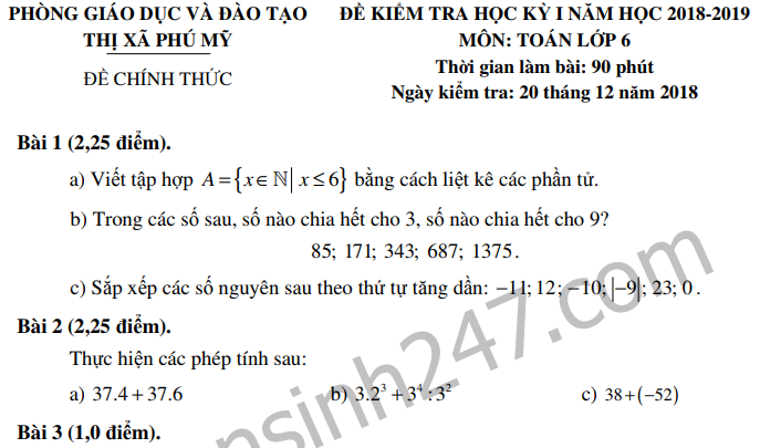 Đề thi kì 1 lớp 6 môn Toán 2018 - Phú Mỹ