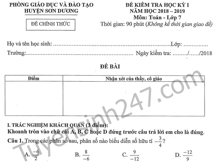 Đề thi kì 1 lớp 7 môn Toán 2018 - huyện Sơn Dương