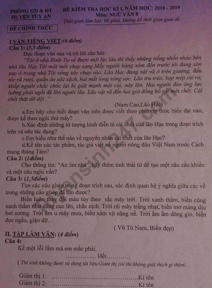 Đề thi kì 1 môn Văn lớp 8 năm 2018 - huyện Tuy An