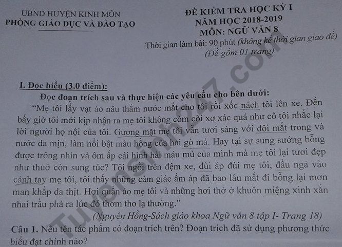 Đề thi kì 1 lớp 8 môn Văn - Kinh Môn 2018