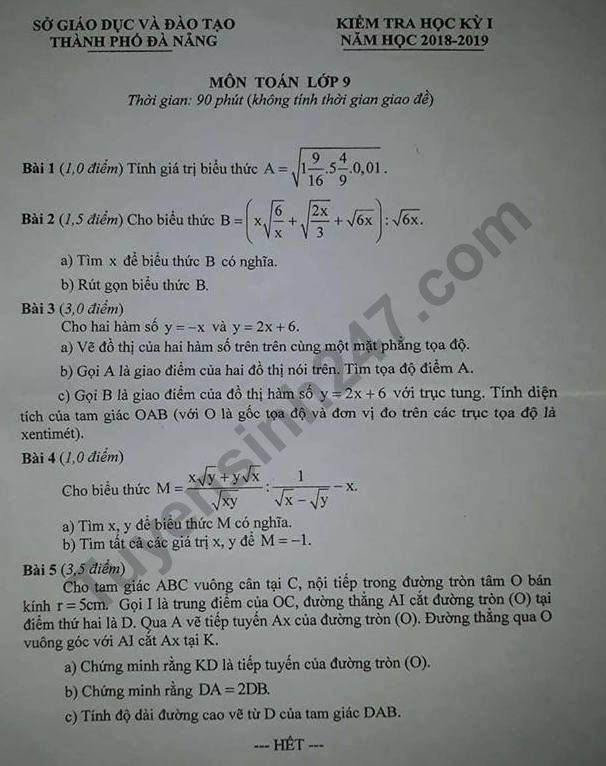 Đề thi kì 1 lớp 9 môn Toán - Sở GD Đà Nẵng 2018