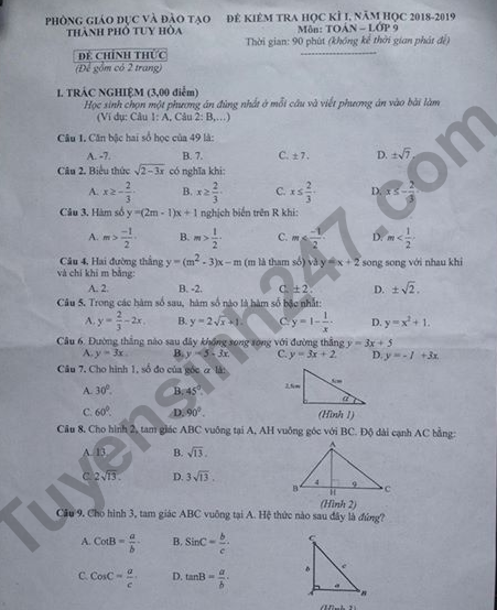 Đề thi kì 1 lớp 9 môn Toán huyện Tuy Hòa 2018