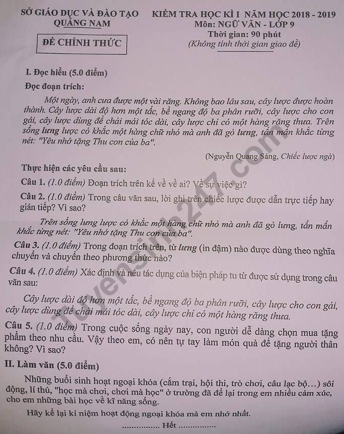 Đề thi kì 1 lớp 9 môn Văn - Sở GD Quảng Nam 2018