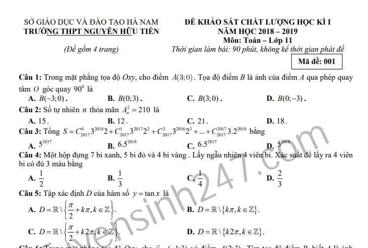 Đề thi kì 1 môn toán lớp 11 năm 2018 THPT Nguyễn Hữu Tiến