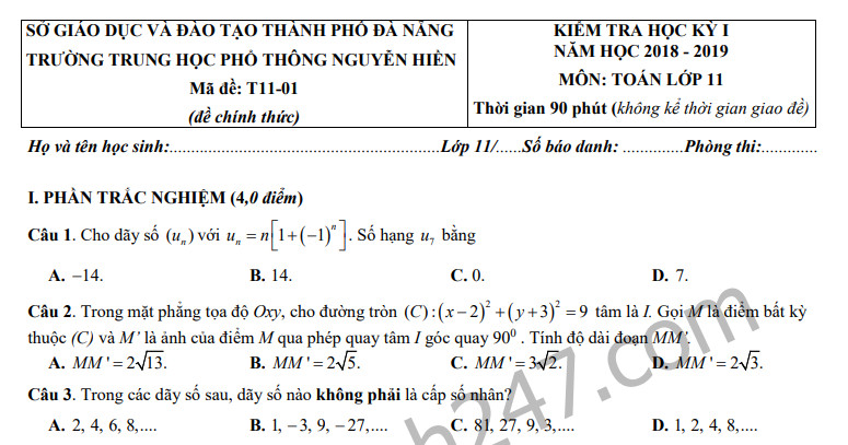 Đề thi kì 1 lớp 11 môn toán 2018 THPT Nguyễn Hiền