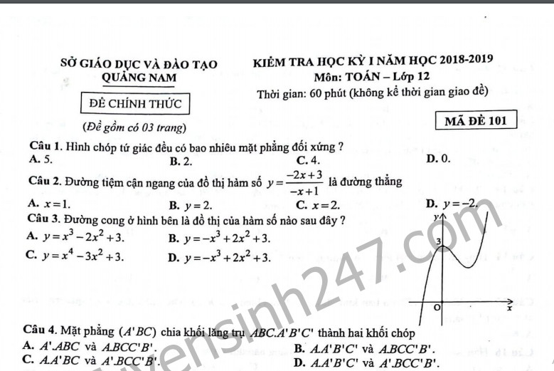 Đề thi kì 1 môn toán lớp 12 năm 2018 tỉnh Quảng Nam