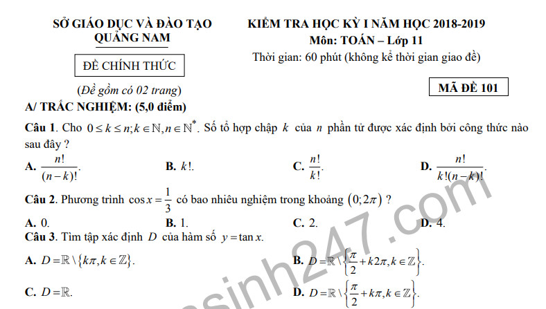 Đề thi học kì 1 môn toán lớp 11 năm 2018 Sở GD Quảng Nam