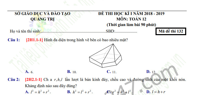 Đề thi học kì 1 lớp 12 môn toán năm 2018 tỉnh Quảng Trị