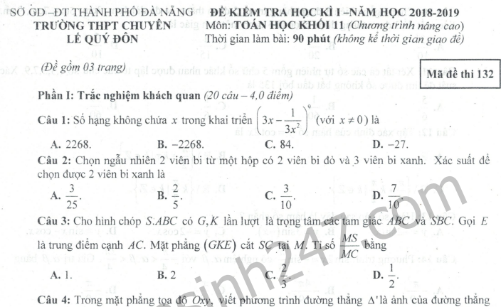 Đề thi kì 1 lớp 11 môn Toán 2018 - THPT Chuyên Lê Quý Đôn