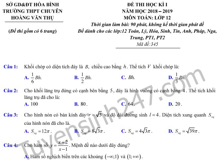 Đề thi kì 1 lớp 12 môn Toán THPT Chuyên Hoàng Văn Thụ 2018