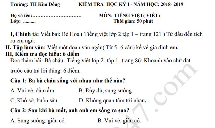 Đề thi kì 1 môn Tiếng Việt lớp 2 năm 2018 - TH Kim Đồng