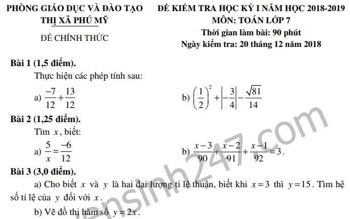 Đề thi kì 1 lớp 7 môn Toán - Thị xã Phú Mỹ năm 2018