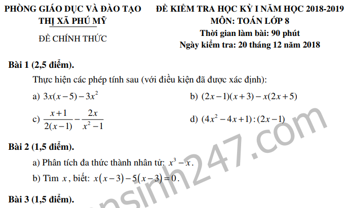 Đề thi kì 1 môn Toán lớp 8 - TX Phú Mỹ 2018