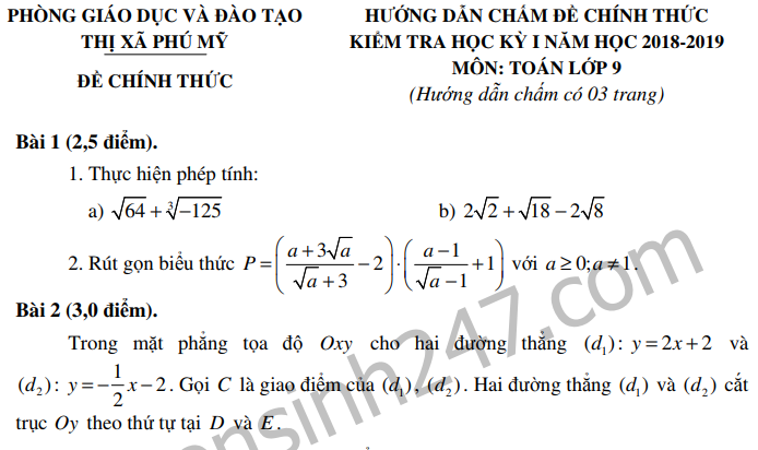 Đề thi kì 1 môn Toán lớp 9 - Phú Mỹ 2018