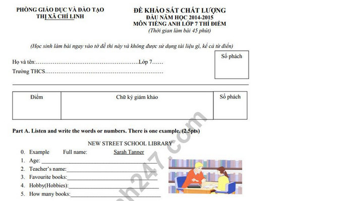 Đề khảo sát chất lượng đầu năm môn Anh lớp 7 thị xã Chí Linh