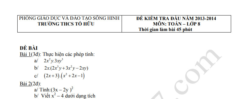 Đề khảo sát chất lượng  đầu năm môn Toán lớp 8 - THCS Tố Hữu