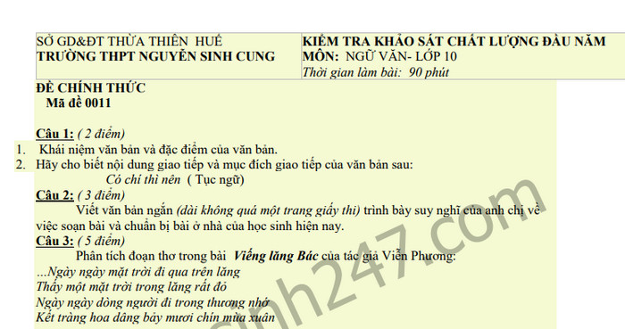 Đề Khảo sát đầu năm môn Văn lớp 10 - THPT Nguyễn Sinh Cung