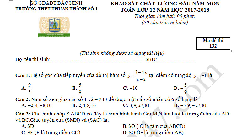 Đề KSCL đầu năm môn Toán lớp 12 - THPT Thuận Thành số 1