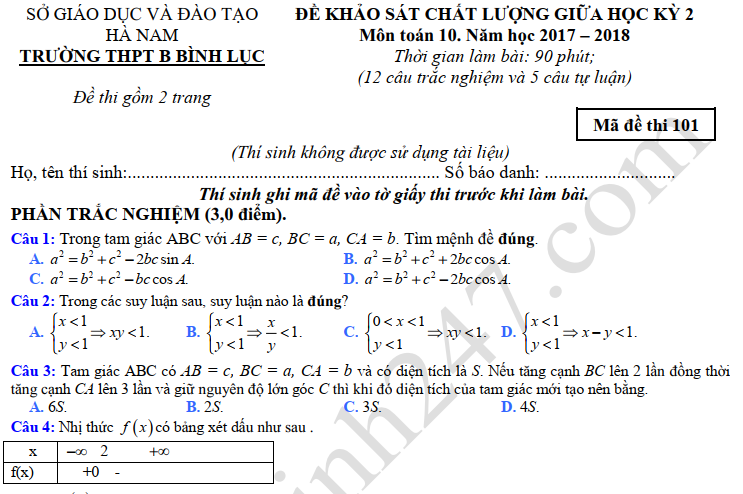 Đề thi giữa kì 2 lớp 10 môn Toán THPT Bình Lục 2018