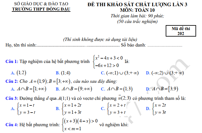 Đề thi giữa học kì 2 lớp 10 môn Toán - THPT Đồng Đậu 2018