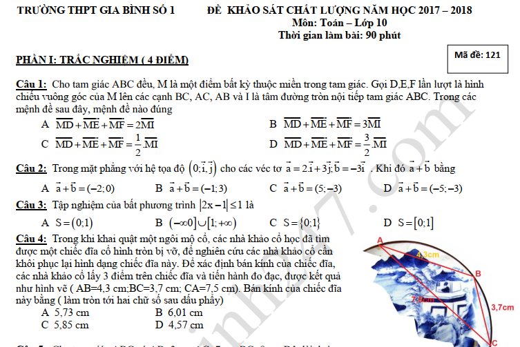 Đề thi giữa kì 2 lớp 10 môn Toán 2018 - THPT Gia Bình số 1