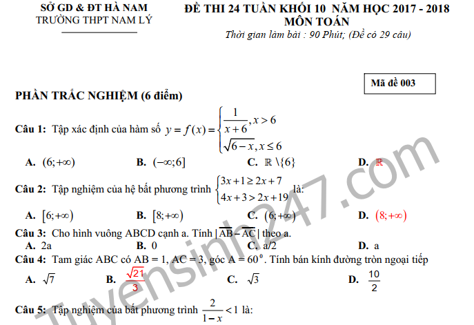 Đề thi giữa kì 2 môn Toán lớp 10 THPT Nam Lý 2018