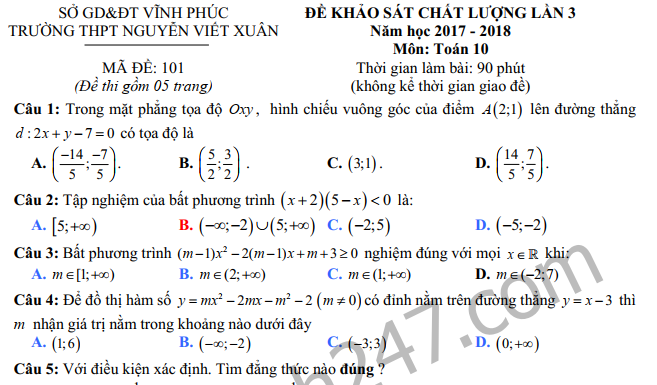 Đề thi giữa kì 2 môn Toán lớp 10 năm 2018 - THPT Nguyễn Viết Xuân