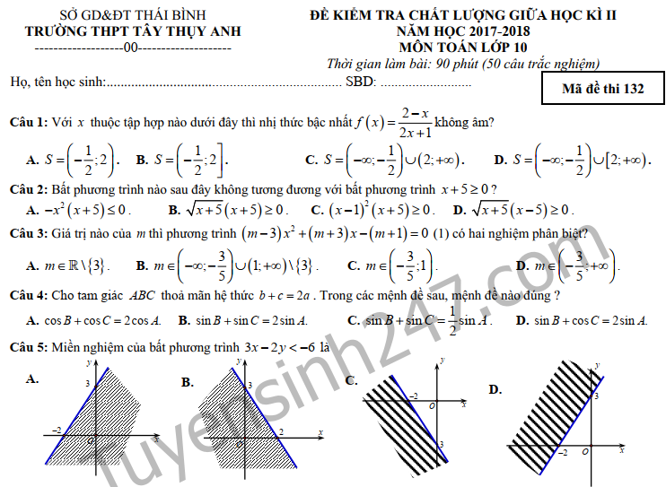 Đề thi giữa kì 2 lớp 10 môn Toán 2018 - THPT Tây Thụy Anh