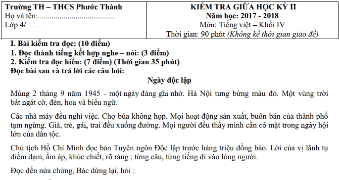 Đề thi giữa kì 2 lớp 4 môn Tiếng Việt - TH Phước Thành