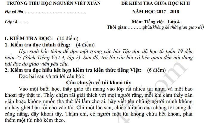 Đề thi giữa kì 2 lớp 4 môn Tiếng Việt - TH Nguyễn Viết Xuân