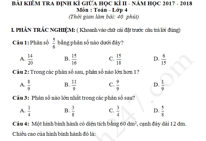 Đề thi giữa học kì 2 môn Toán lớp 4 năm 2018 - Có đáp án