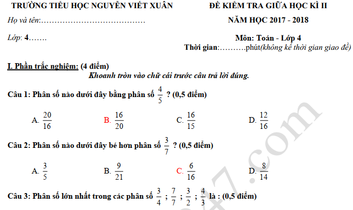 Đề thi giữa kì 2 lớp 4 môn Toán 2018 - TH Nguyễn Viết Xuân