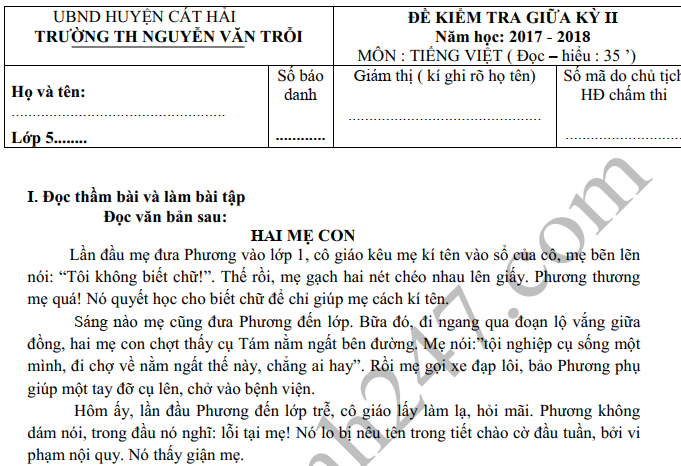 Đề thi giữa kì 2 môn Tiếng Việt lớp 5 - TH Nguyễn Văn Trỗi