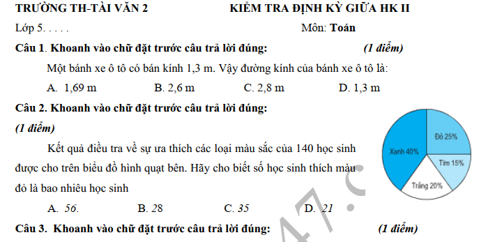 Đề thi giữa kì 2 lớp 5 môn Toán năm 2019 - TH Tài Văn 2