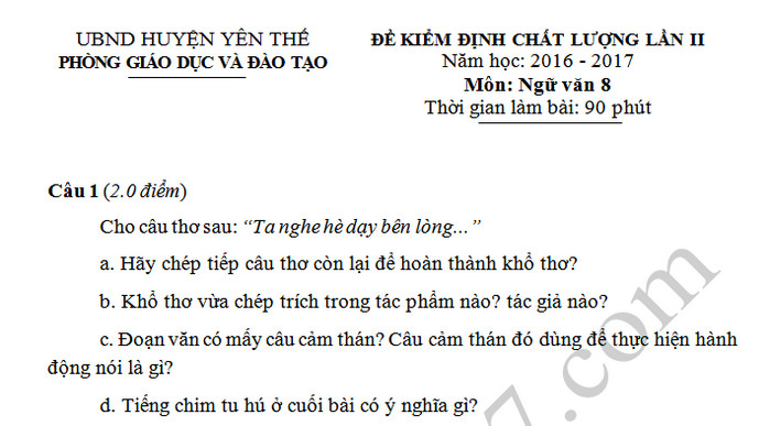 Đề kiểm tra giữa kì 2 lớp 8 môn Văn - Yên Thế