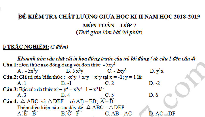 Đề thi giữa học kì 2 lớp 7 môn Toán năm 2018-2019