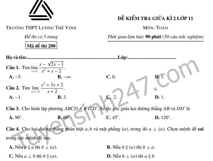 Đề thi giữa kì 2 lớp 11 môn Toán THPT Lương Thế Vinh 