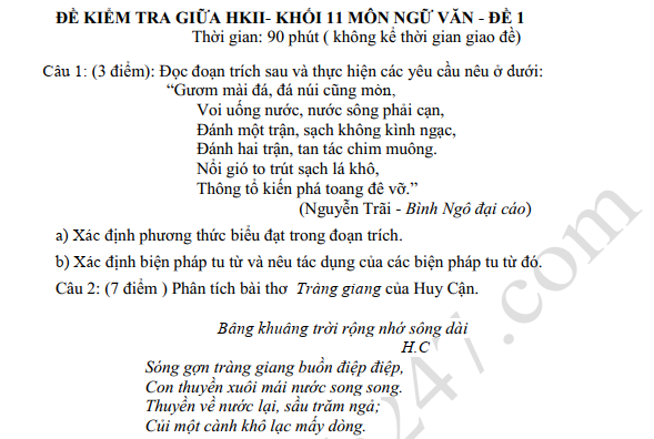 Đề thi giữa học kì 2 môn Văn lớp 11 - Có đáp án