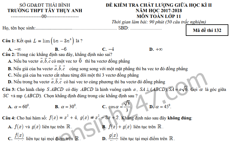 Đề thi giữa kì 2 lớp 11 môn Toán THPT Tây Thụy Anh 