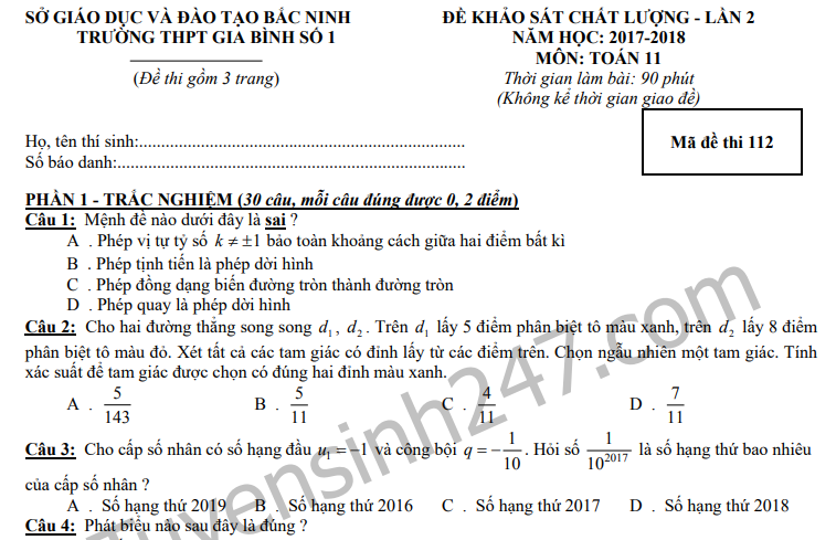 Đề thi giữa kì 2 môn Toán lớp 11 THPT Gia Bình số 1 lần 2