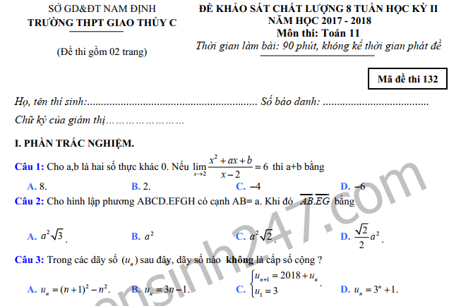 Đề thi giữa kì 2 môn Toán lớp 11 THPT Giao Thủy C 2018