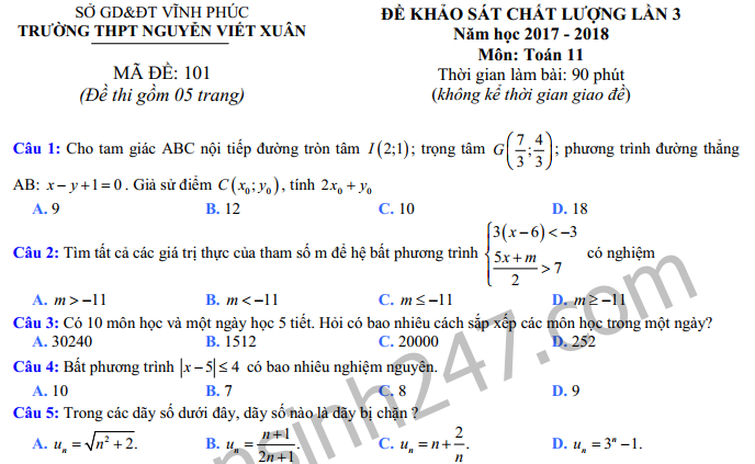 Đề thi giữa kì 2 lớp 11 môn Toán THPT Nguyễn Viết Xuân 