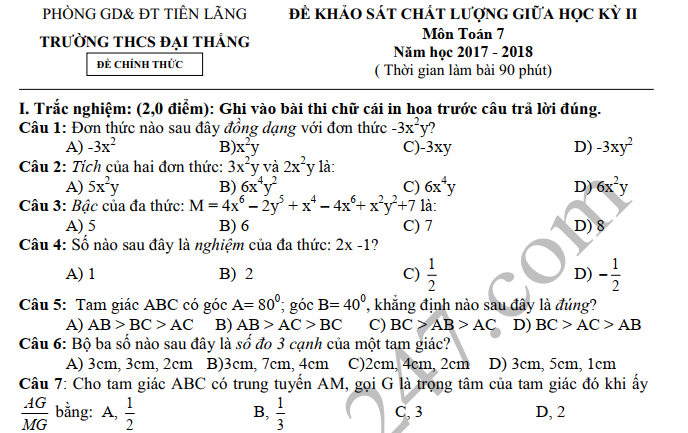 Đề thi giữa kì 2 lớp 7 môn Toán - THCS Đại Thắng