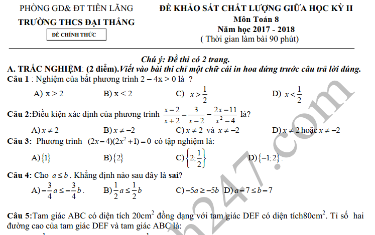 Đề thi giữa kì 2 môn Toán lớp 8 - THCS Đại Thắng 