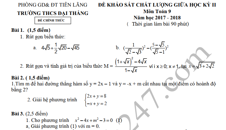 Đề thi giữa kì 2 lớp 9 môn Toán có đáp án - THCS Đại Thắng 