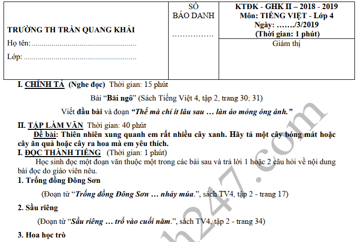 Đề thi giữa kì 2 lớp 4 môn Tiếng Việt - TH Trần Quang Khải 2019