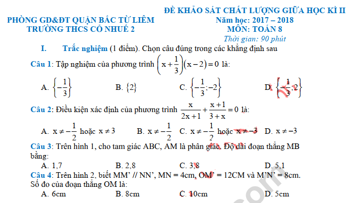 Đề thi giữa kì 2 môn Toán lớp 8 THCS Cổ Nhuế 2 năm 2018