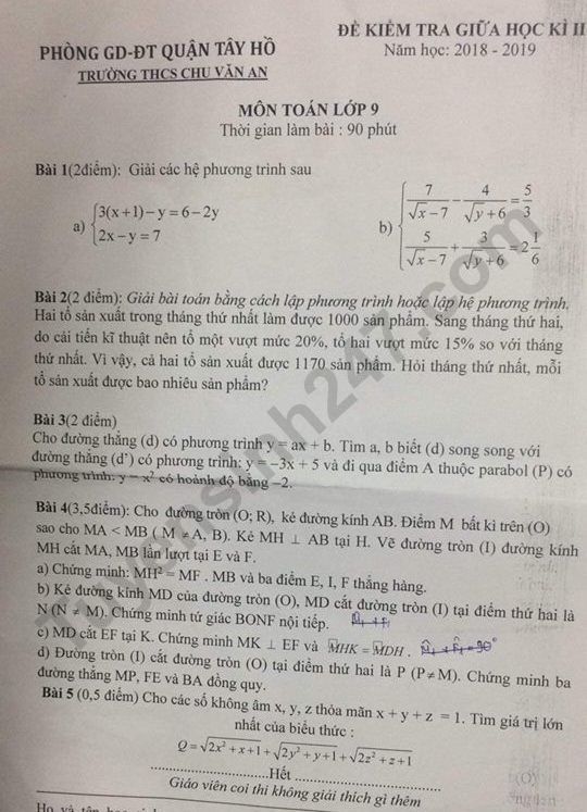 Đề thi giữa kì 2 lớp 9 môn Toán - THCS Chu Văn An 2019